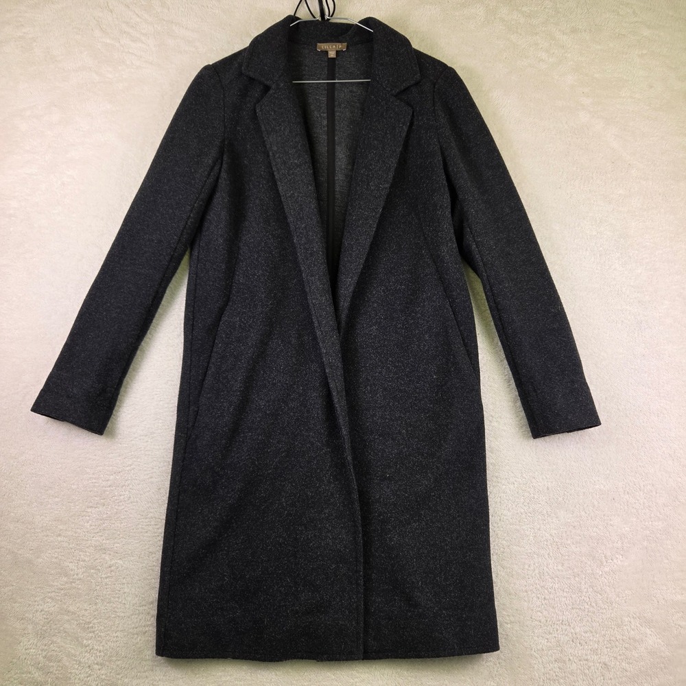 Lilla P Charcoal Heather Knit Open Front Longline Coat Jacket XS Notched Lapel